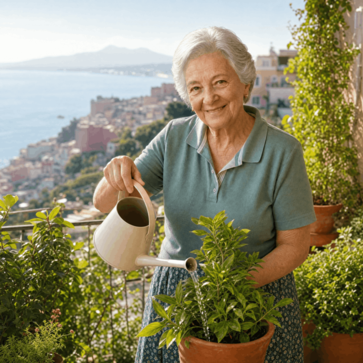 Nonna Rosa watering a potted plant on a sunny balcony overlooking the Bay of Naples
