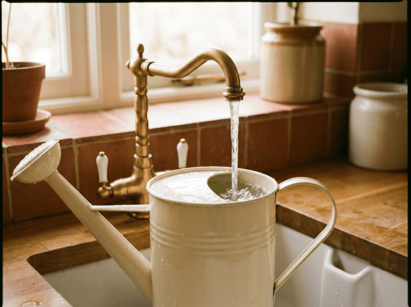 A white watering can being filled at a kitchen sink under a brass tap