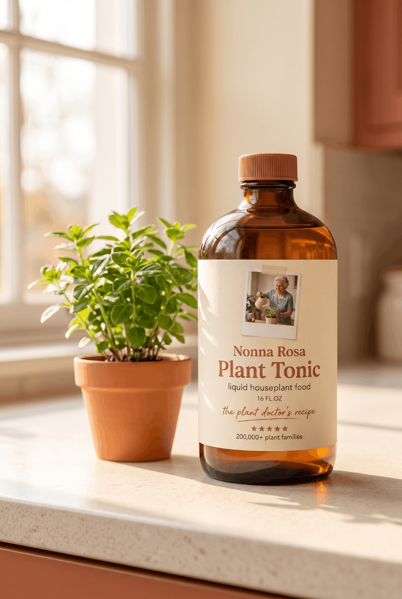 Bottle of Nonna Rosa Plant Tonic beside a small potted plant in warm kitchen light