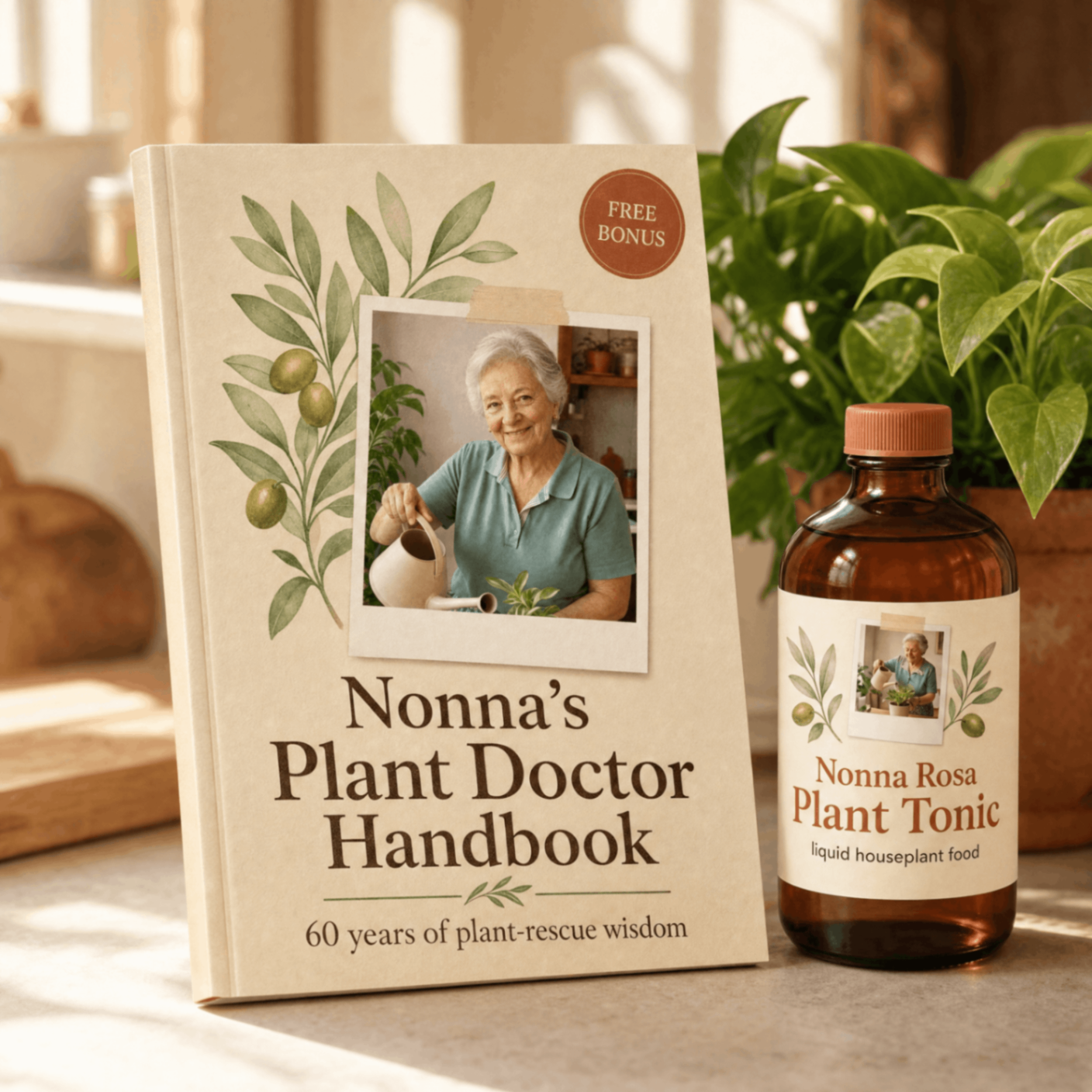 Nonna's Plant Doctor Handbook next to the Plant Tonic bottle