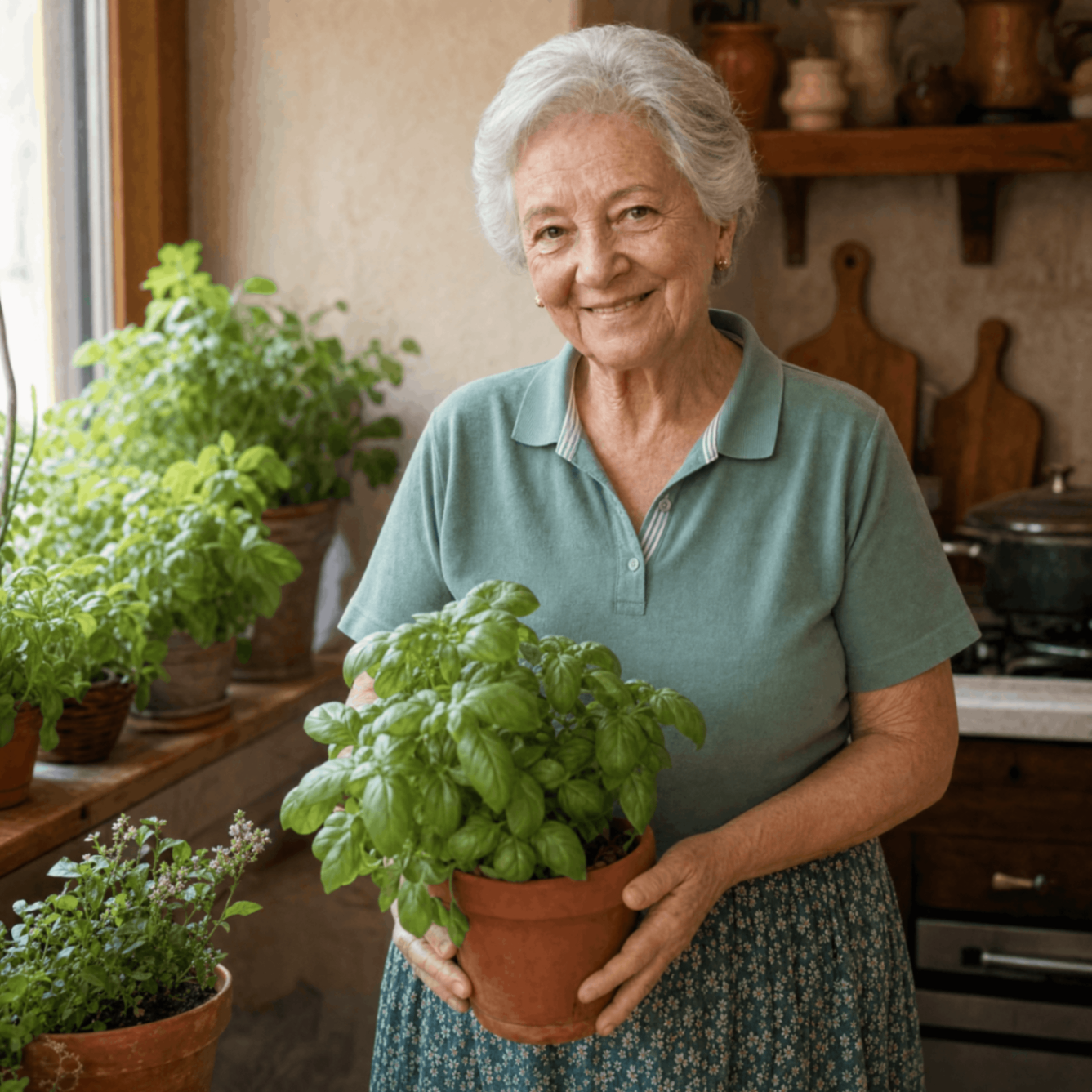 Portrait of Nonna Rosa smiling in her kitchen while holding a basil plant