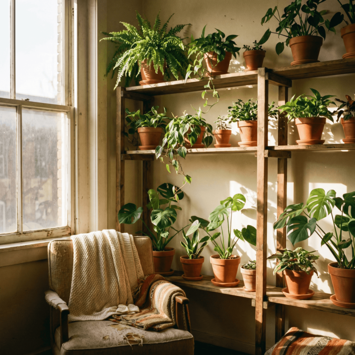 Sunlit shelves filled with lush houseplants