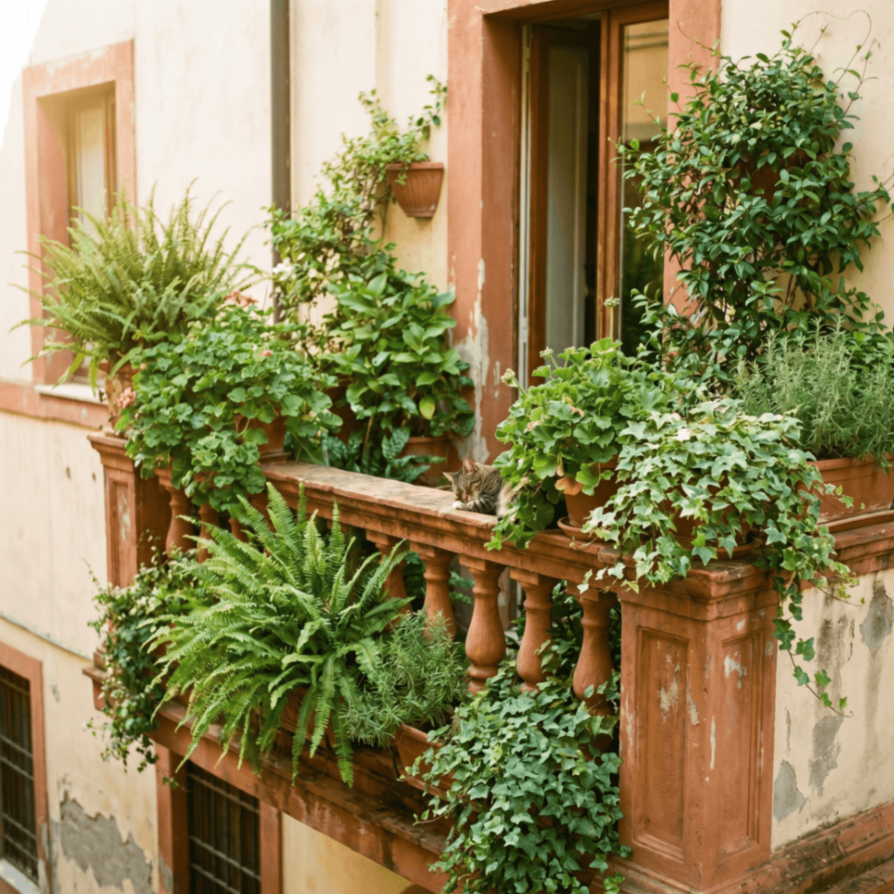 A lush balcony overflowing with healthy green plants