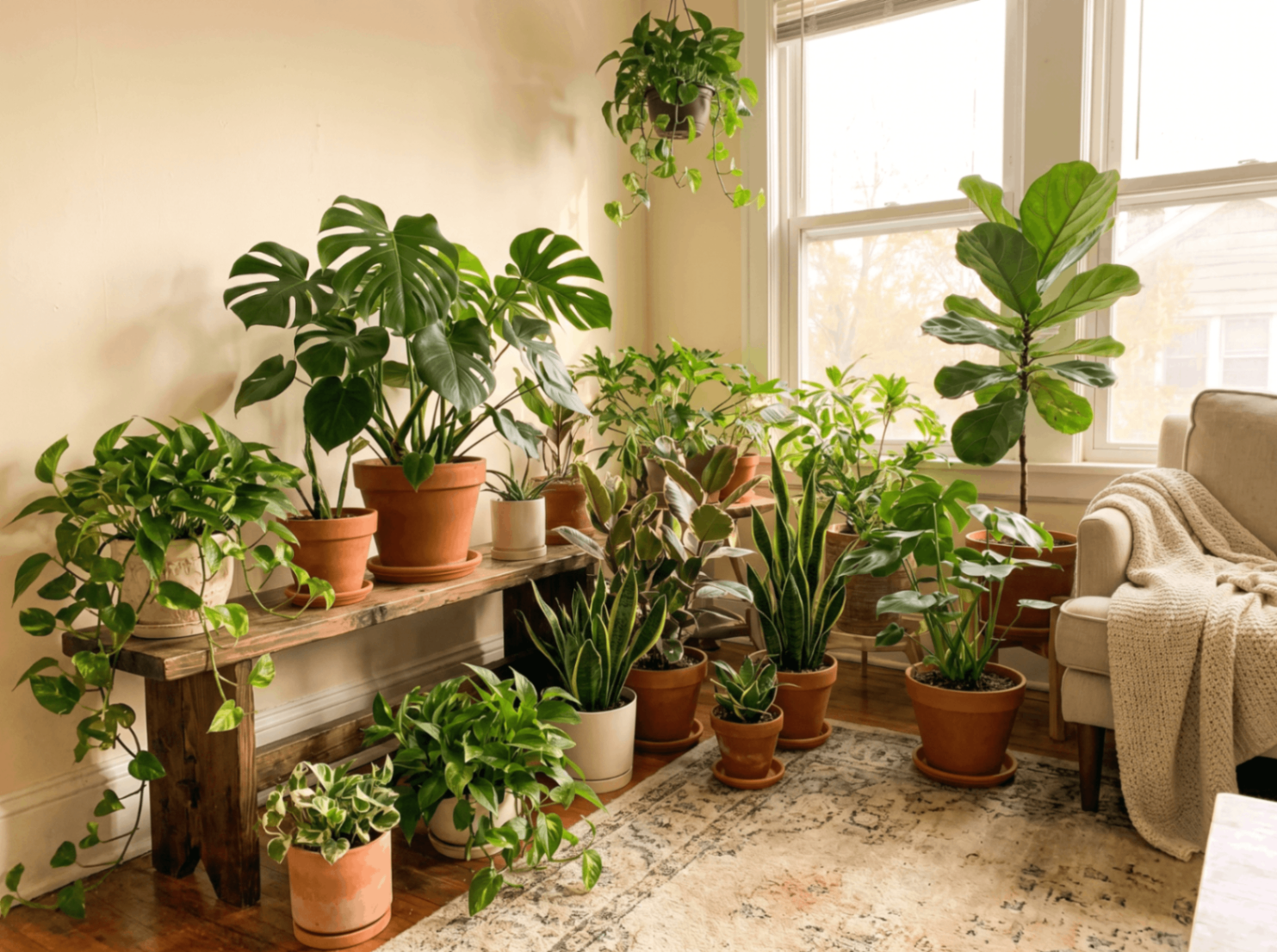 A cozy room filled with a large collection of thriving houseplants