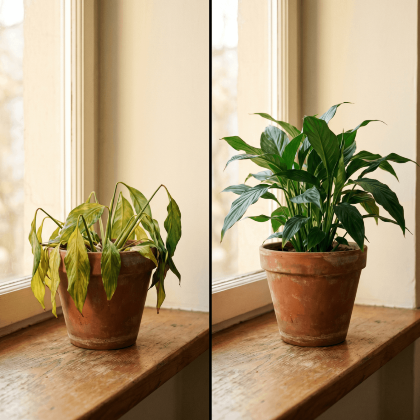 Before and after — droopy plant restored to thriving