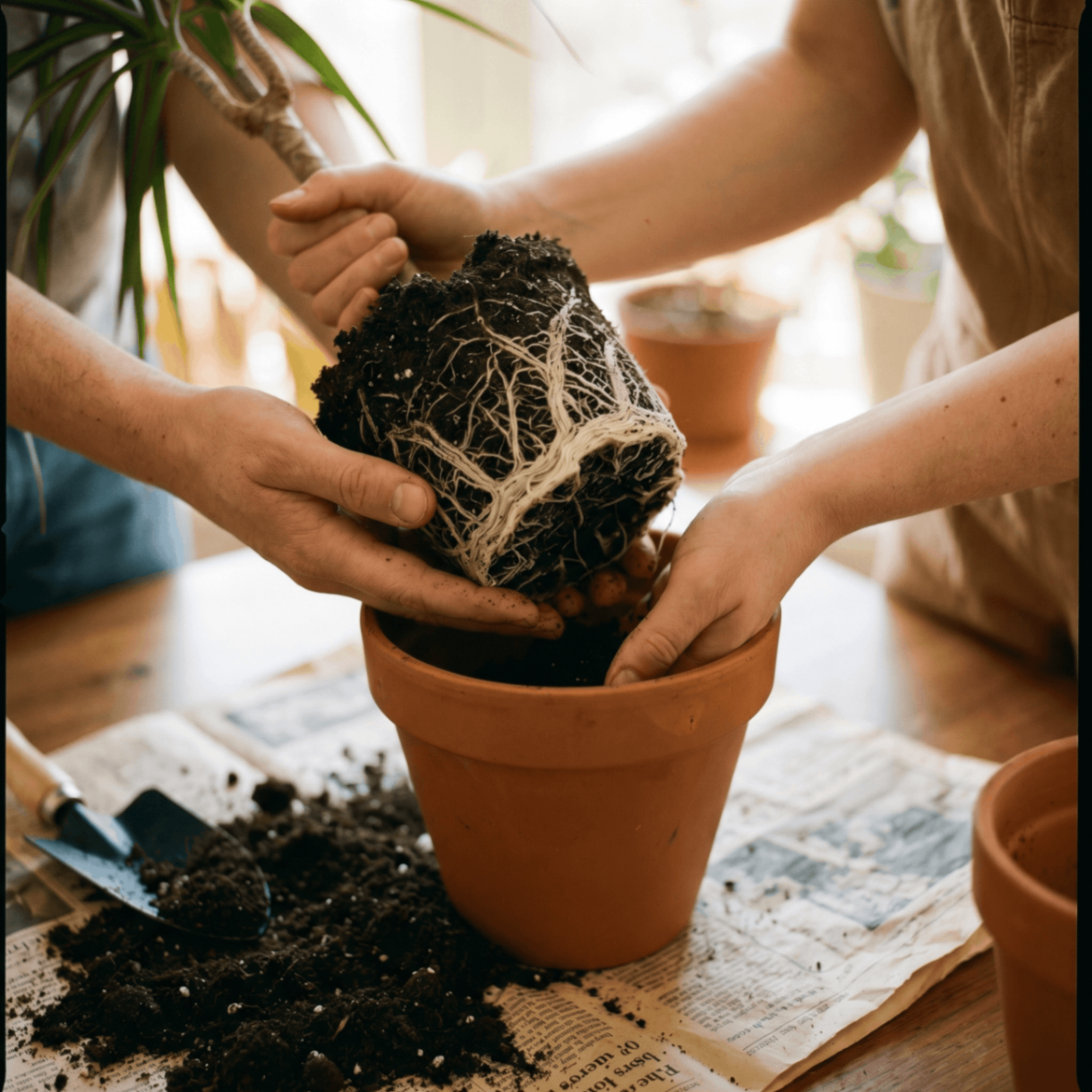 Hands repotting a plant with a healthy root ball